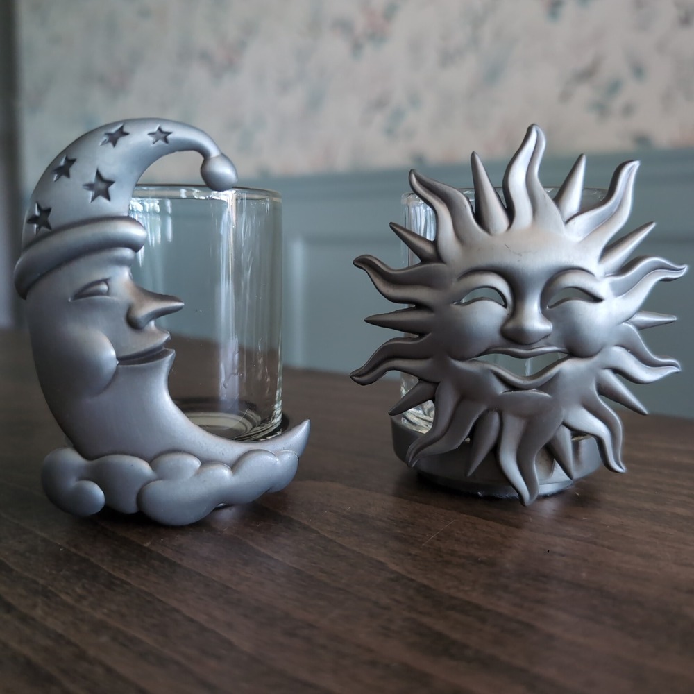 Vintage Celestial Sun Moon Votive Candle Holders Glass Cups Pewter Look Set 90s
